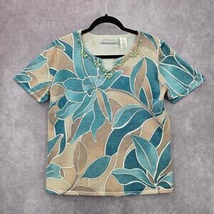 Alfred Dunner Blue Floral Short Sleeve Cotton Beaded Shirt Top Petite‎ Medium